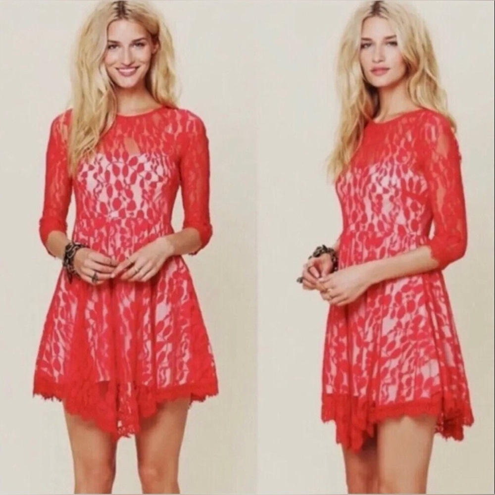 Free People Floral Embroidered Mesh Lace Mini Dress Red Size 2 EUC